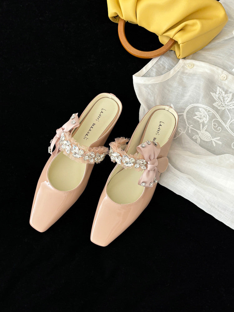 Karin Luna Handmade One-Strap Rhinestone Ribbon Square-Toe Mules