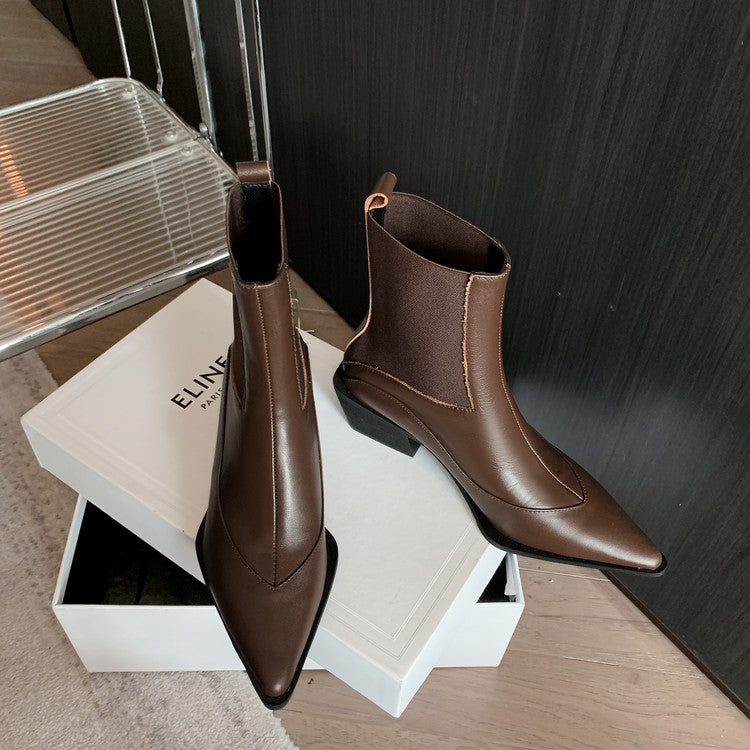 Karin Luna In Stock Spot Goods   Elegant Pointed Toe Chunky Heel Ankle Boots