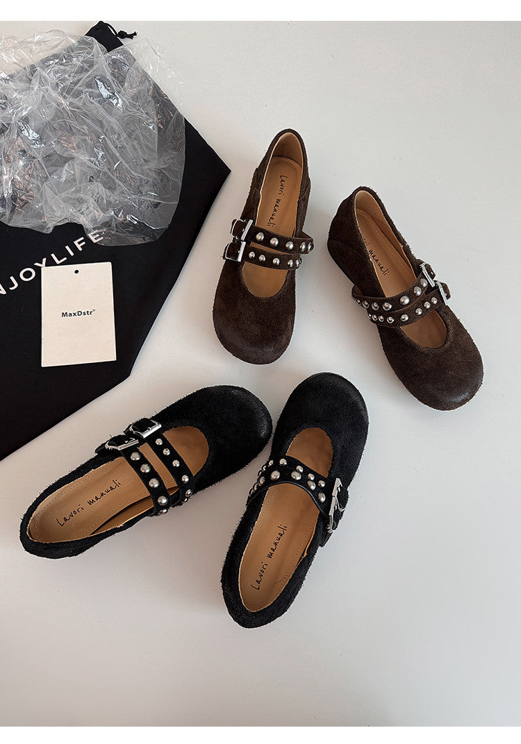 Karin Luna Hot Item Hot Item Punk Style One-Strap Round-Toe Suede Leather Height-Increasing Flats