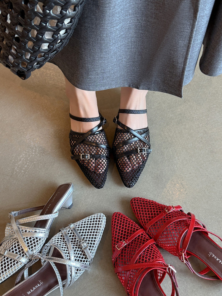 Karin Luna In Stock  Spot Goods  Mesh Series Elegant Closed-Toe Belt Buckle Slippers