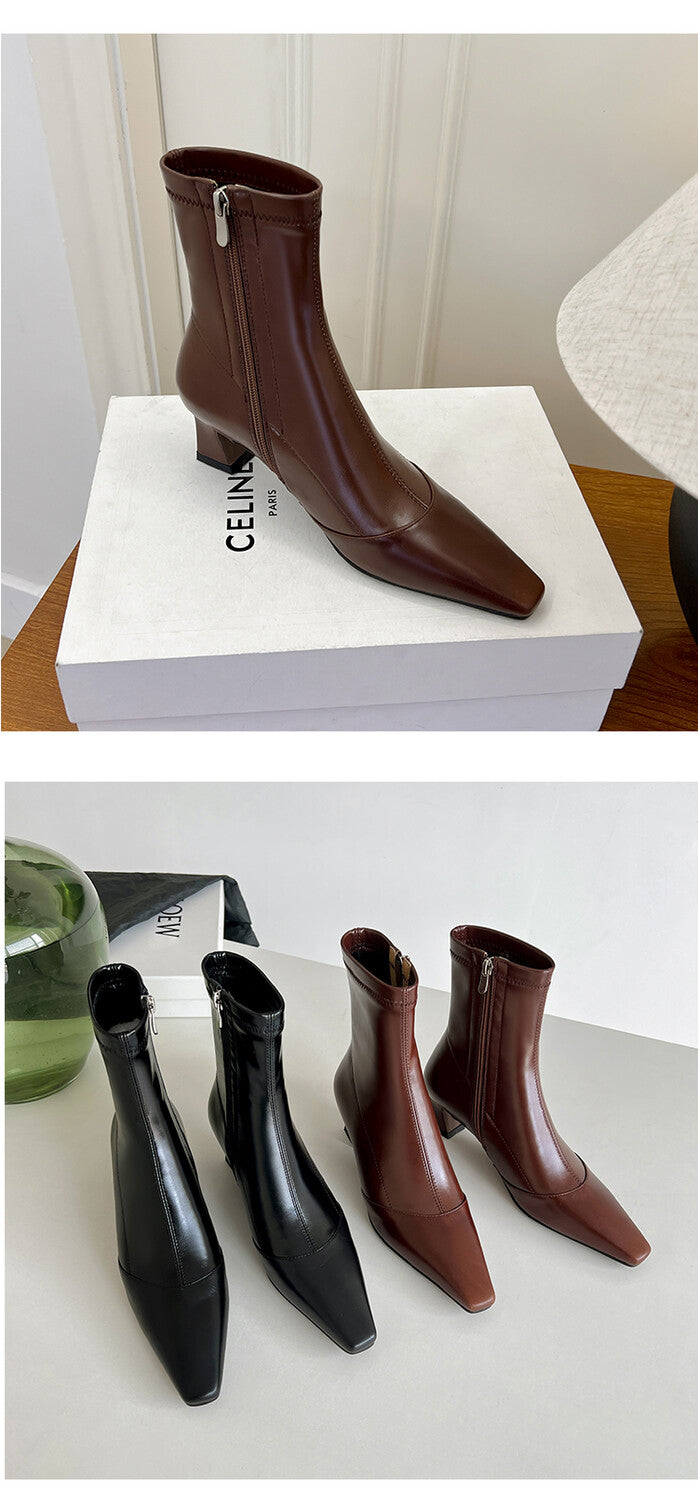 Karin Luna Elegant Small Square Toe Chunky Heel Slim Boots
