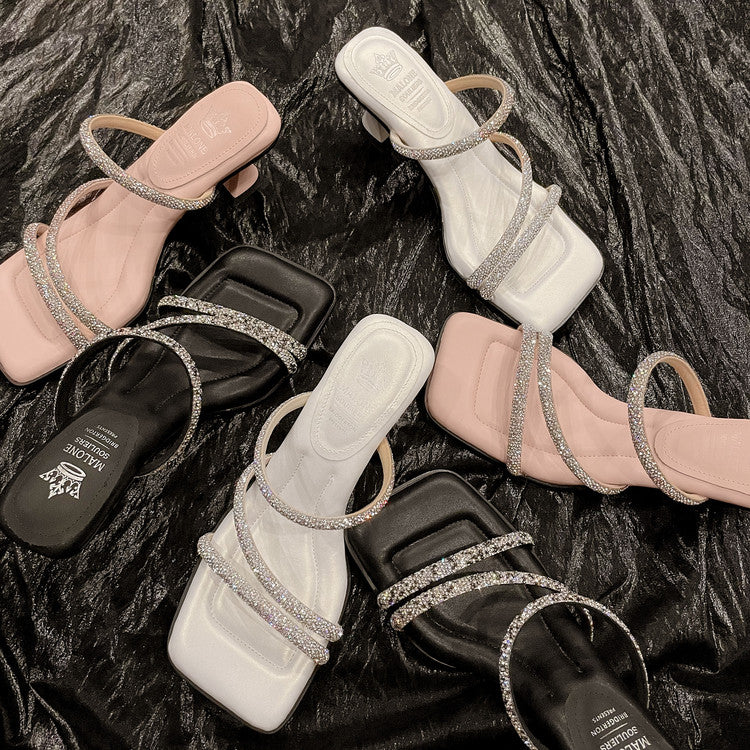 Karin Luna In Stock Spot Goods  Minimalist Versatile Square Toe Rhinestone Strap Open-Toe Sandals
