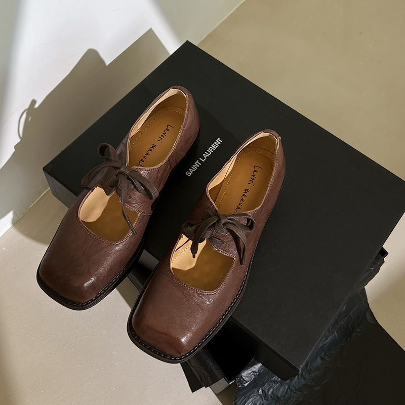 Karin Luna In Stock Spot Goods   Full leather inside and out Vegetable Tanned Hand-Grabbed Sheepskin Square-Toed Chunky Heel Single Shoes