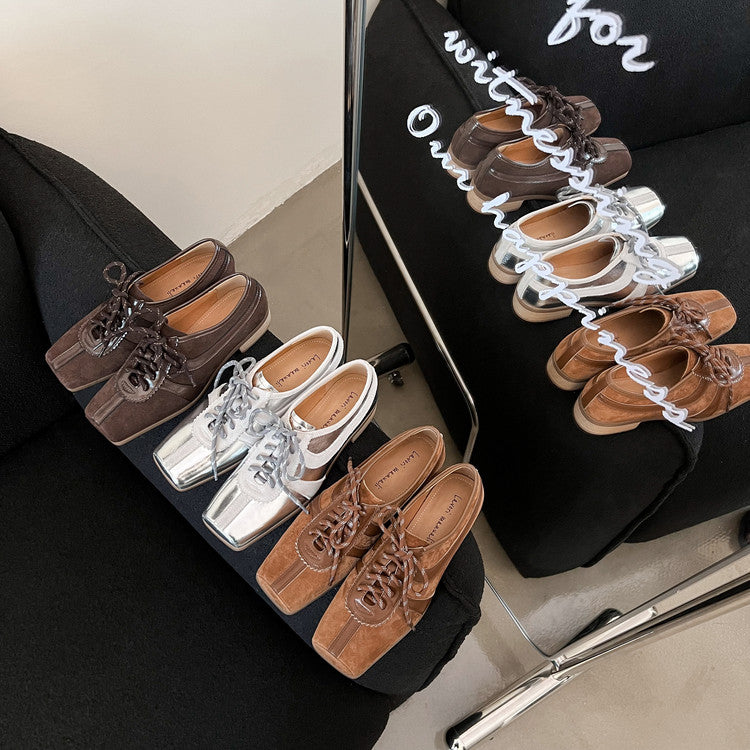 Karin Luna In Stock Spot Goods   Pig Nose Thin Strap Square Toe Patchwork Single Shoes
