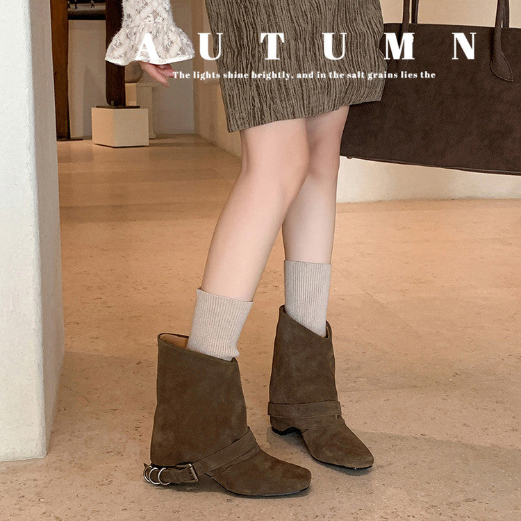 Karin Luna Data Hot Item Square Toe Hidden Wedge Belt Buckle Suede Ankle Boots