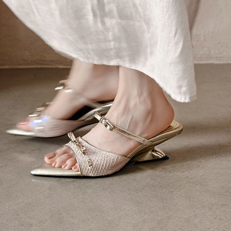 Karin Luna Fish Skin Series~Pointed Toe Irregular Heel Bowknot Strap Slippers