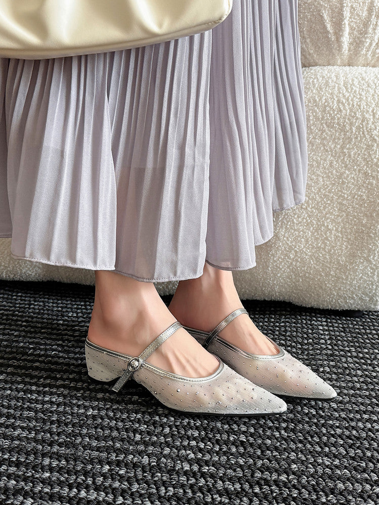 Karin Luna In Stock Spot Goods  Breathable Mesh Fabric Embellished Hand Drill Pointed Toe Slippers