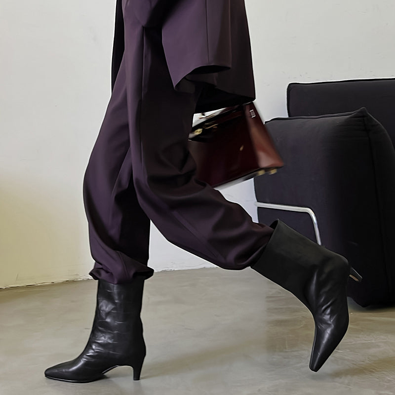 Karin Luna In Stock Spot Goods Top Layer Stone Pattern Cowhide Textured Small Square Toe Straight Short Boots