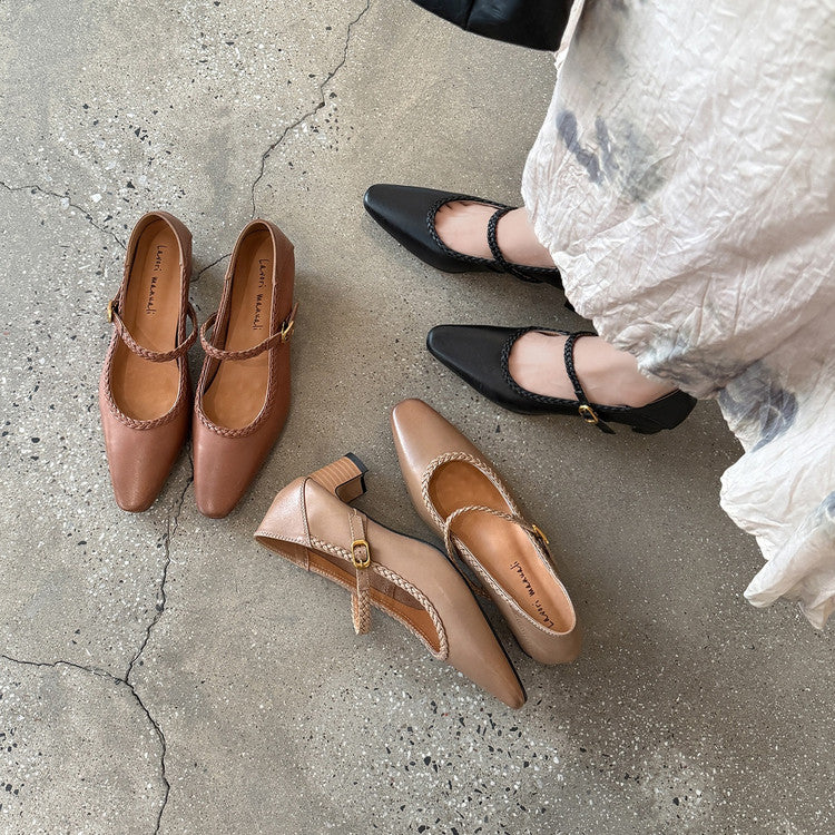 Karin Luna Braided Element Design Chunky Heel Square Toe Single Strap Shoes