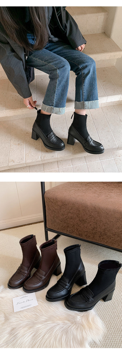 Karin Luna Hot-Selling Element Round Toe Elephant Pattern Elastic Thick Heel Short Boots