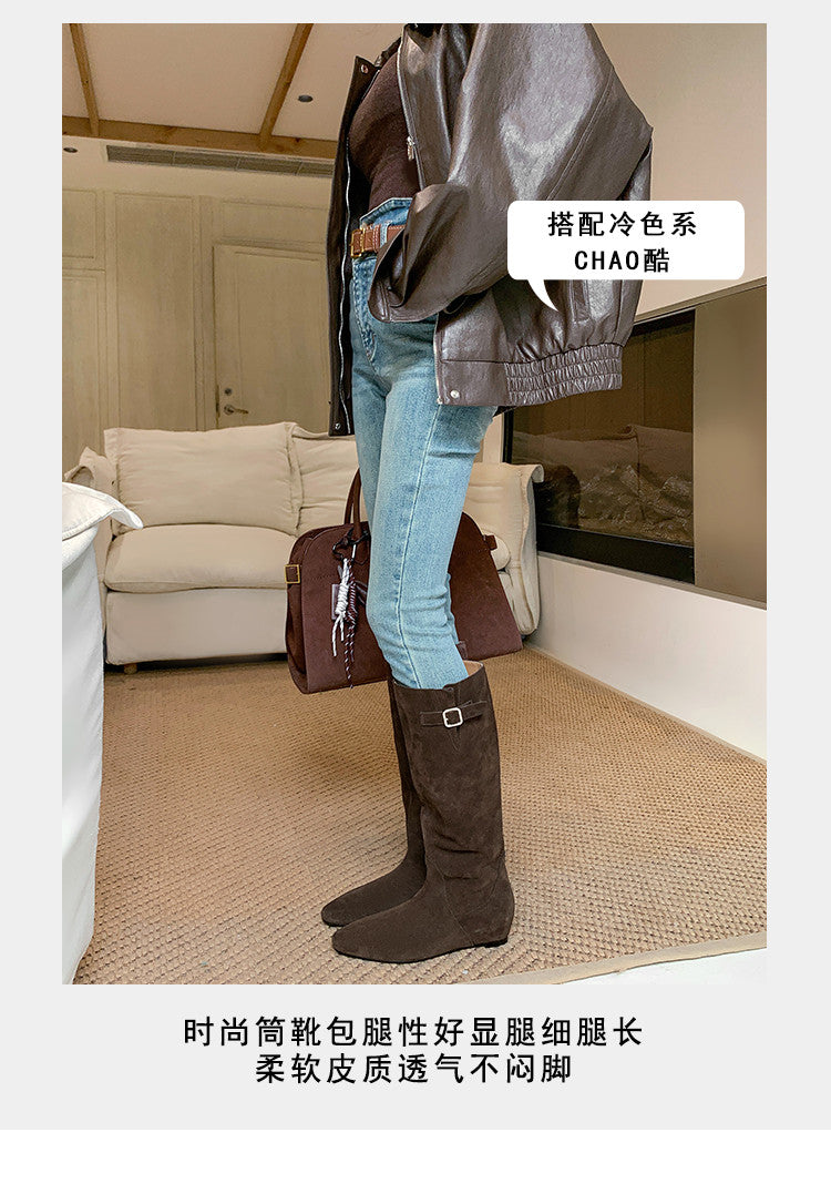Karin Luna In Stock Spot Goods Vintage Cowhide Leather Chunky Heel Height Increasing Long Boots