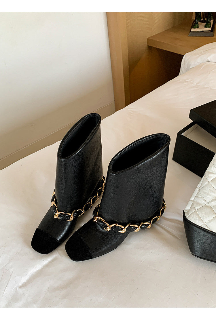 Karin Luna Classic Style Xiangjia Style Chunky Heel Chain Ankle Boots