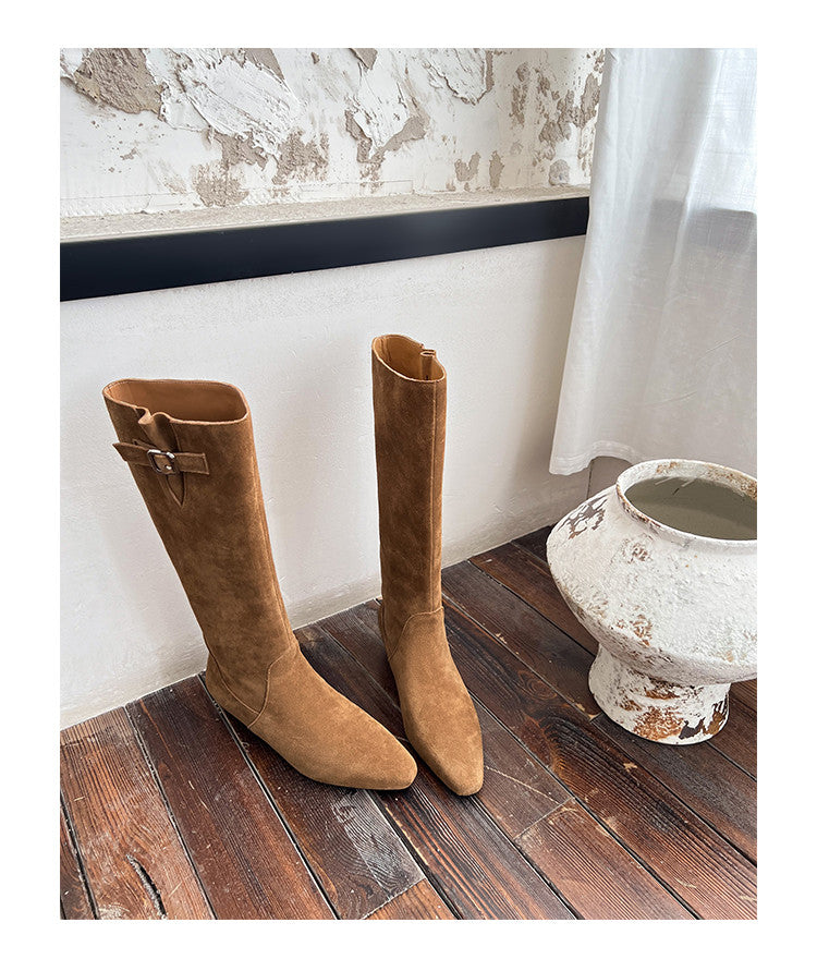 Karin Luna In Stock Spot Goods Vintage Cowhide Leather Chunky Heel Height Increasing Long Boots