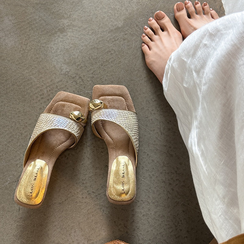 Karin Luna Fish Skin Series~Minimalist Square Toe Popular Irregular Heel Slippers