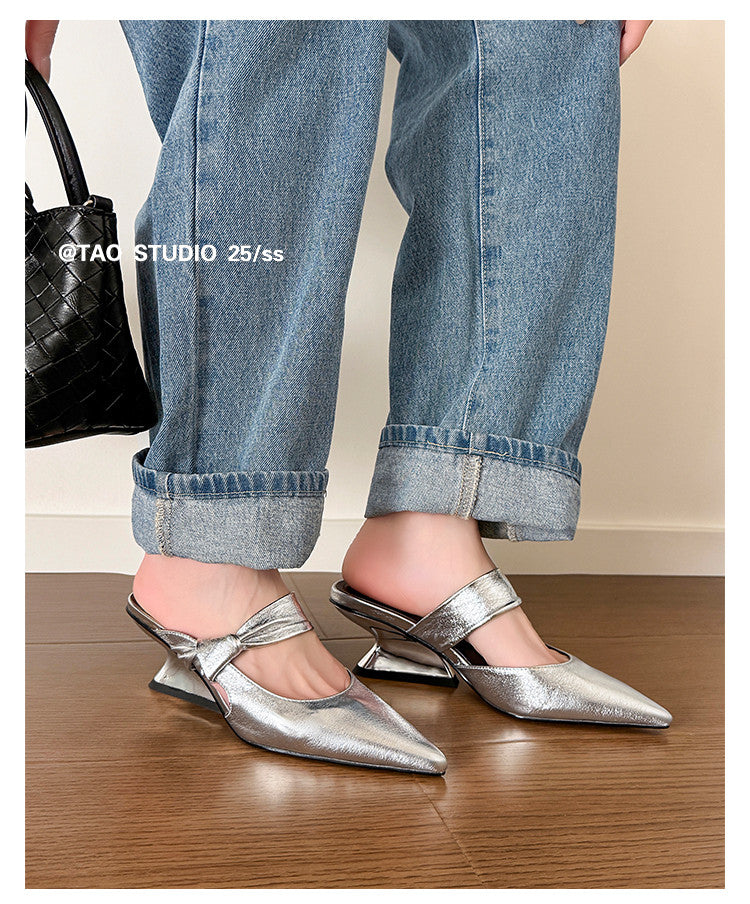 Karin Luna In Stock Spot Goods  Pointed Toe Irregular Heel Elegant Retro Strap Slippers