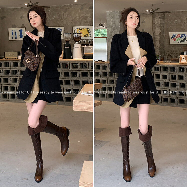 Karin Luna exploded  Three versions exploded Single Fleece Lining Fur Collar Version  Thick Fur Collar Foldable Hot-Selling Full Cowhide Pointed Toe Chunky Heel Classic Style
