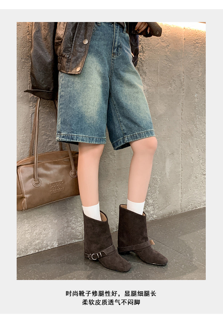Karin Luna Data Hot Item Square Toe Hidden Wedge Belt Buckle Suede Ankle Boots