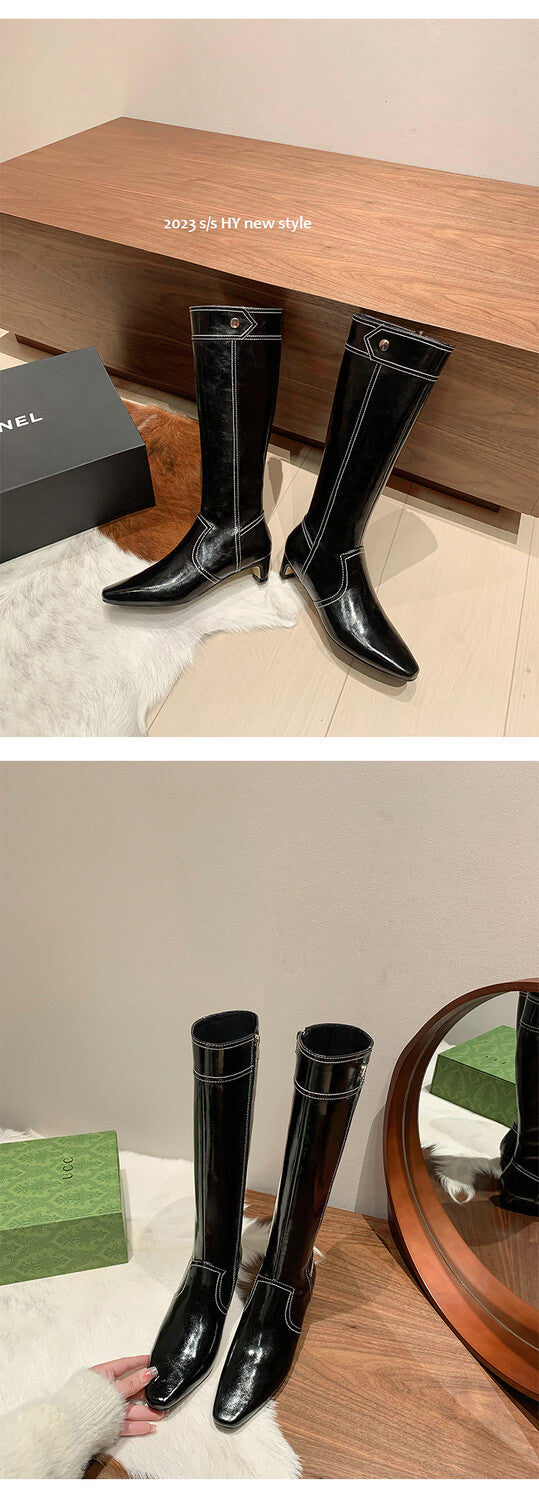 Karin Luna In Stock Spot Goods  Vintage Open Stitch Small Square Toe High Heel Side Zipper Riding Boots