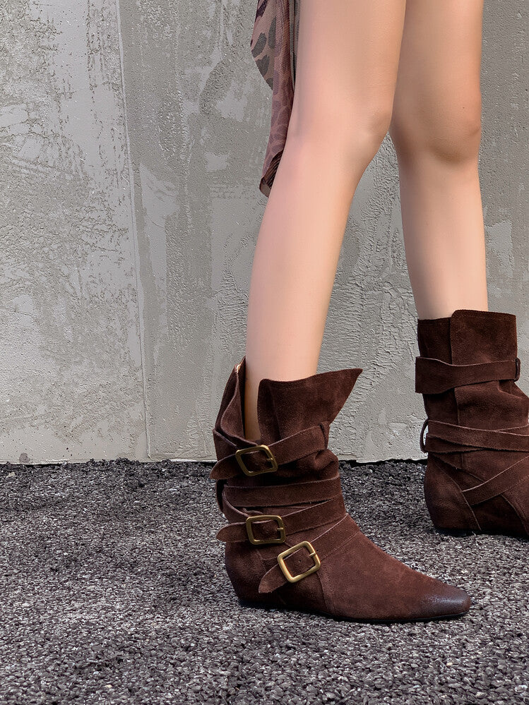 Karin Luna Cow Leather Small Square Toe Belt Buckle Fashion Boots