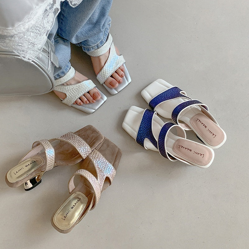 Karin Luna Fish Skin Series~Minimalist Square Toe Popular Irregular Heel Slippers