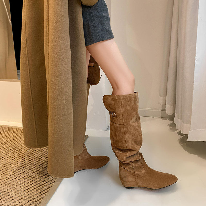 Karin Luna In Stock Spot Goods Vintage Cowhide Leather Two-Way Wear Pointed Toe Height-Increasing Long Boots