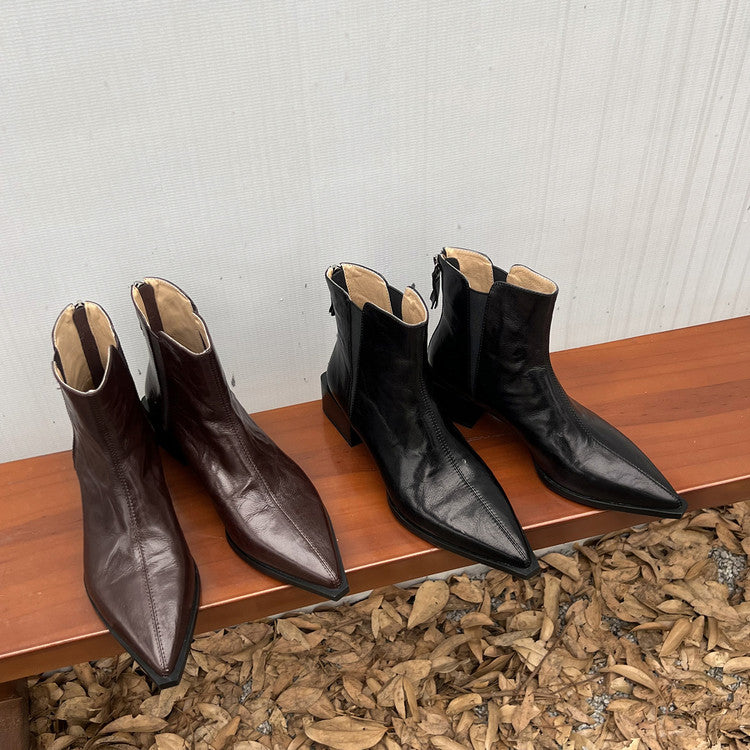 Karin Luna In Stock Spot Goods Elegant Stretch Fabric Patchwork Pointed Toe Chunky Heel Short Boots