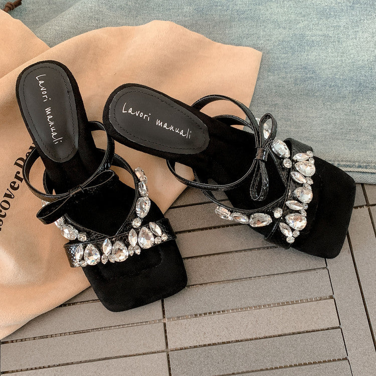 Karin Luna In Stock In Stock  Square Toe Rhinestone Bow Suede Slippers