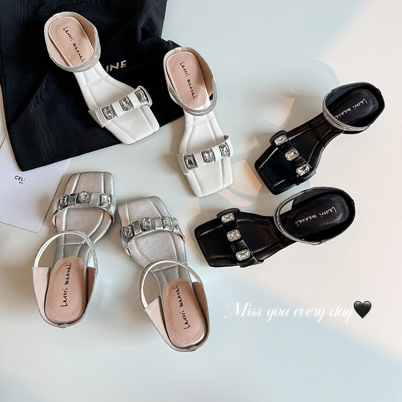 Karin Luna Bestseller Popular Rhinestone Ribbon Square Toe Slippers