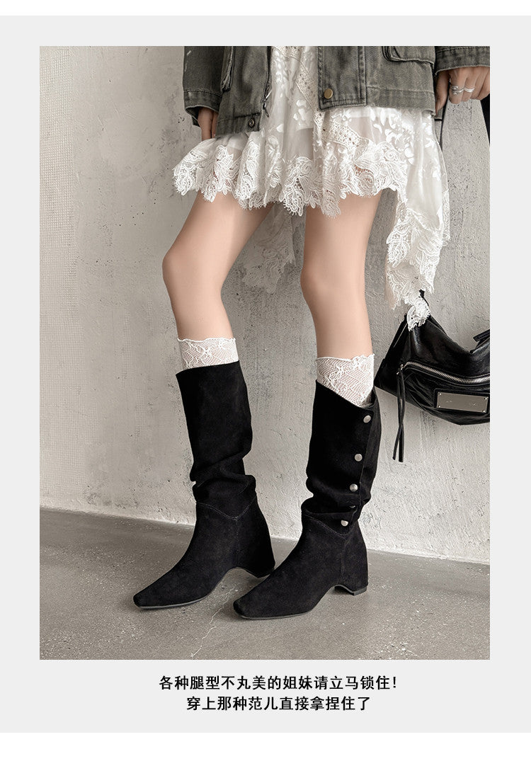 Karin Luna Bestseller Hot-Selling Hidden Buckle Lazy Style Square-Toe Height-Increasing Suede Western Boots