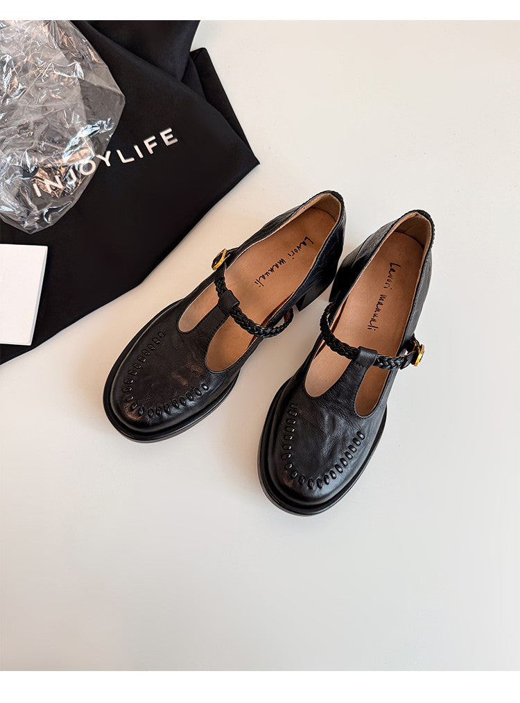 Karin Luna In Stock Spot Goods Vintage Braided Twist High Heels T Round Toe Thick Sole Single Shoes