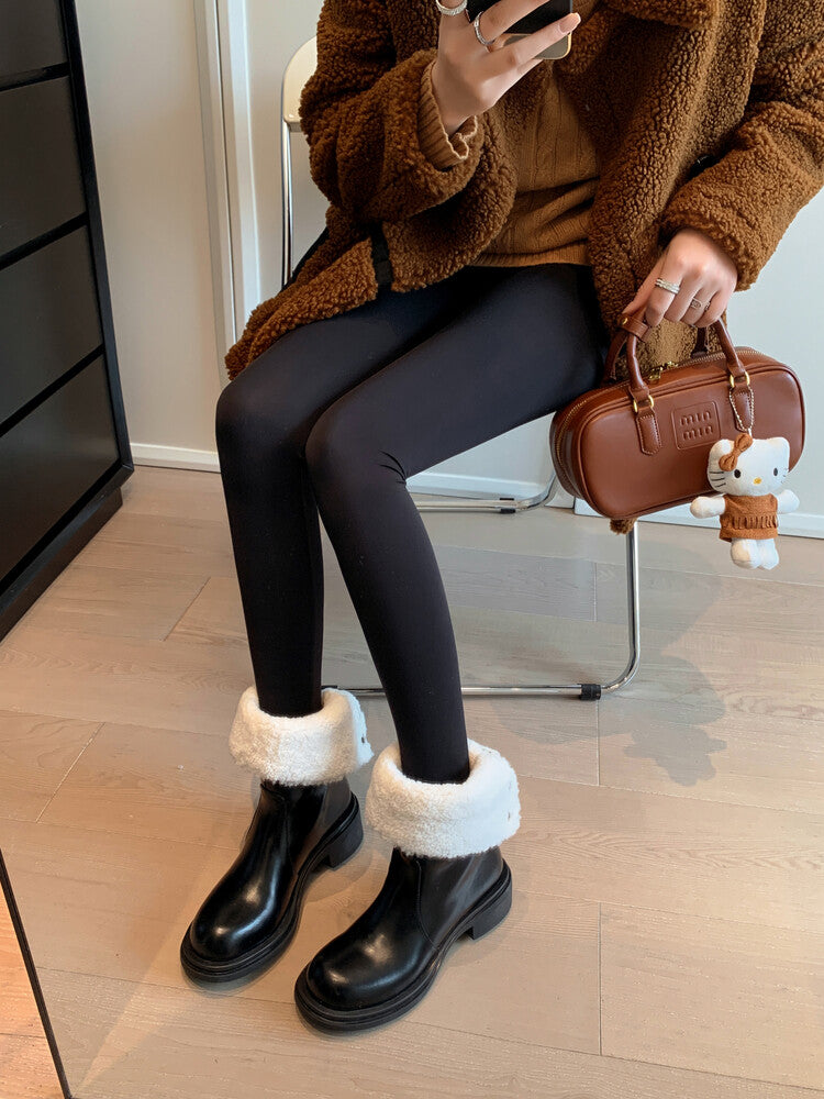 Karin Luna Classic Basic Style   Convertible Foldable Hidden Buckle Snow Fur Shoes Full cowhide Basic Flat Short Boots