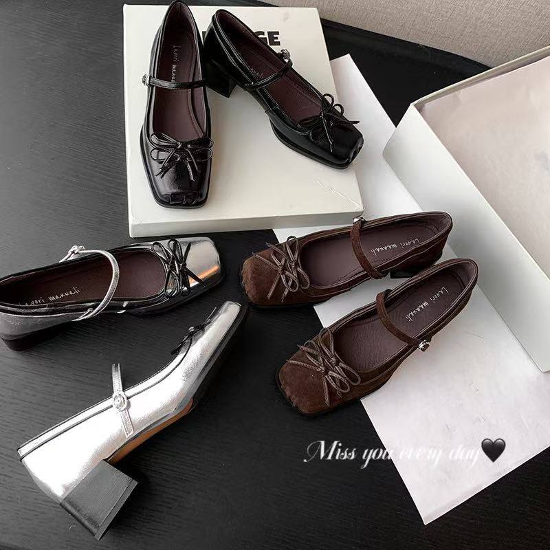 Karin Luna In Stock Spot Goods   One-strap Bowknot Square Toe Chunky Heel Mary Jane Shoes