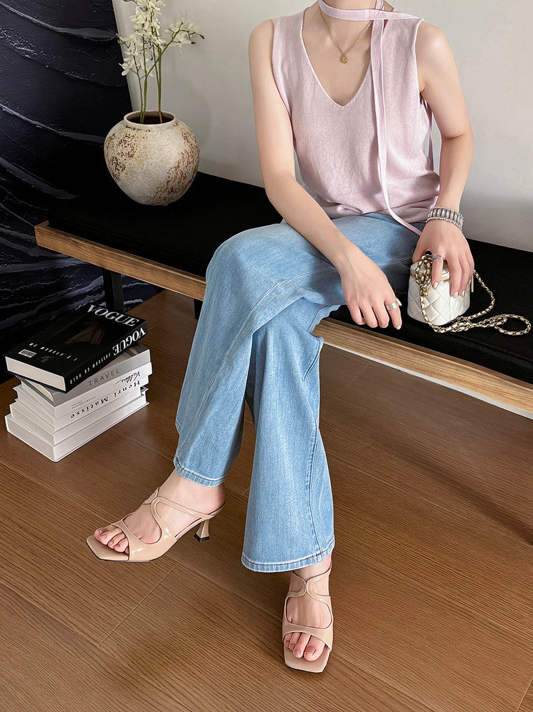 Karin Luna French Retro Square Toe Wrap Strap Open-Toe Slippers