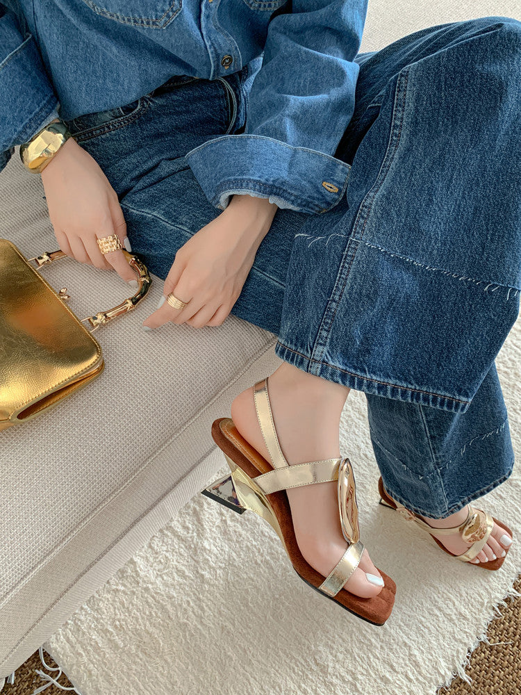 Karin Luna In Stock In Stock  Square Toe Suede Metal Heel Elegant Sandals