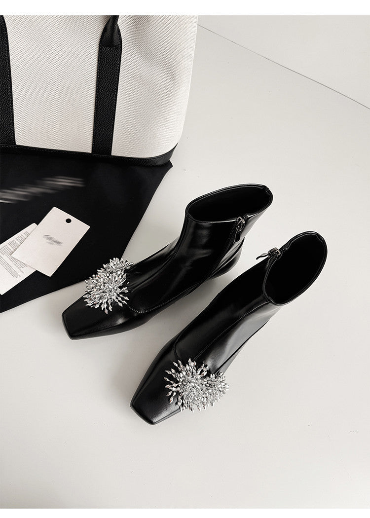 Karin Luna Elegant Style Square Toe Flower Design Height Increasing Short Boots with Two Front and Back Options
