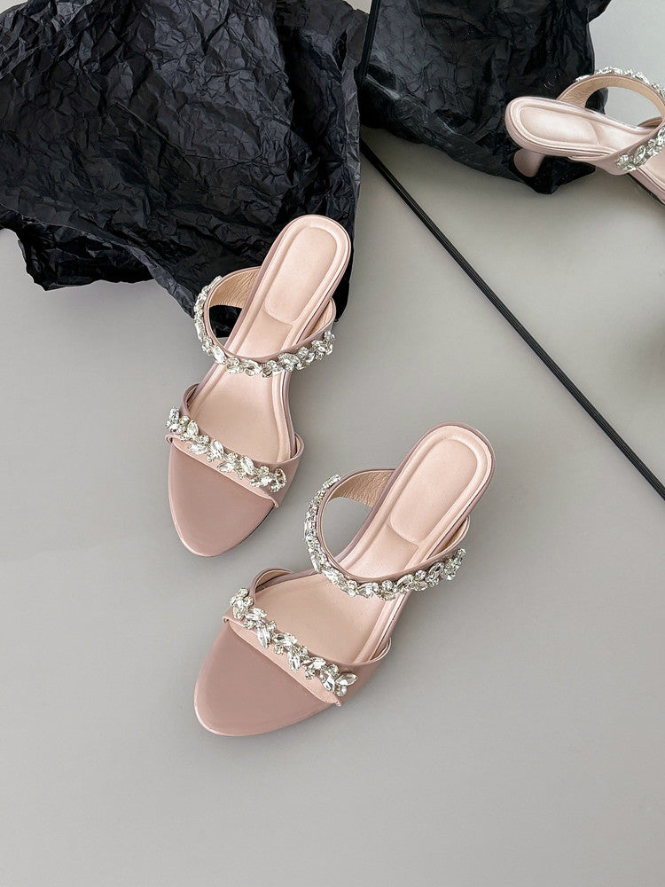 Karin Luna Exquisite Round Toe One-Strap Rhinestone Thin Heel Slippers