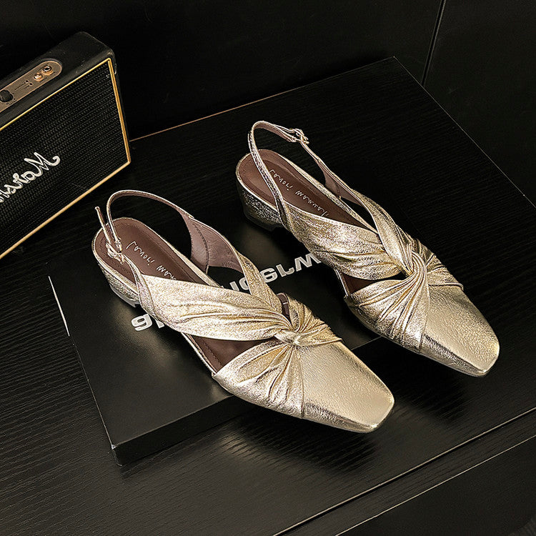 Karin Luna French Retro Wrinkled Small Square Toe Elegant Closed-Toe Sandals