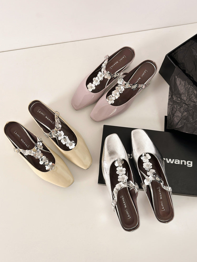 Karin Luna In Stock Spot Goods  T Handmade Sequin Flower Square Toe Height-Increasing Closed-Toe Slippers
