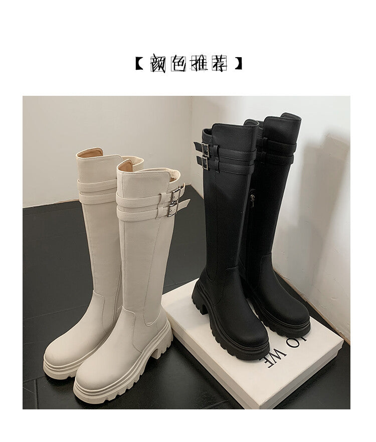 Karin Luna In Stock  Round Toe Thick Sole Casual Belt Buckle Long Boots