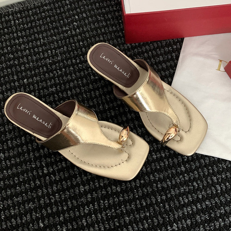 Karin Luna In Stock Spot Goods Clip-toe Square Toe Metal Buckle Minimalist Slippers