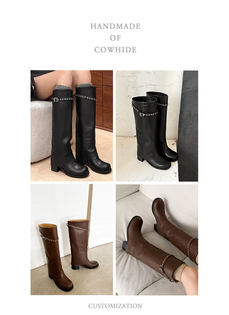 Karin Luna In Stock Spot Goods Belt Buckle Color-Washed Casual Thick-Soled Bootcut Pants Boots