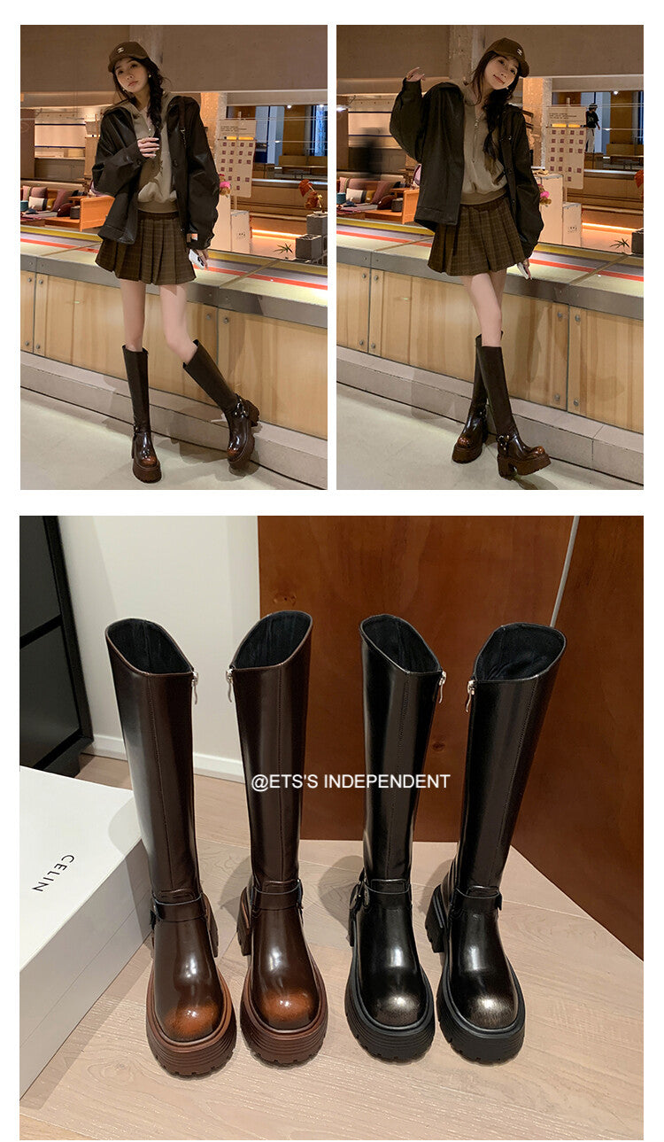 Karin Luna In Stock In Stock Slimming Diagonal Cut Tube Top  Best-selling in stock Retro Metal Buckle Thick-Soled Long Boots