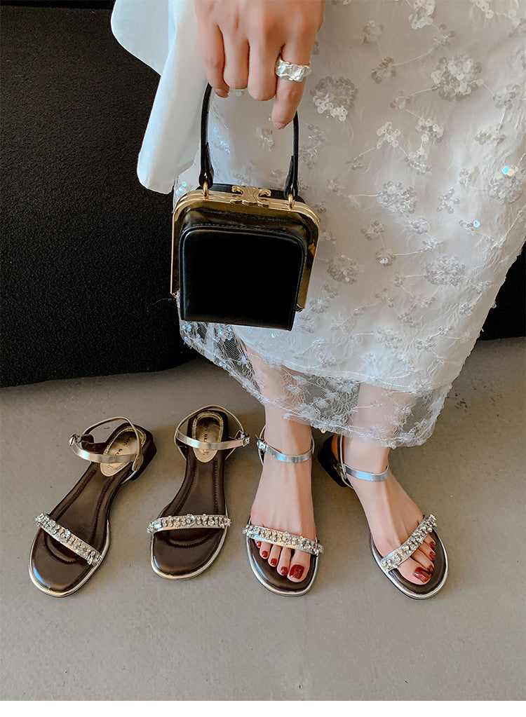 Karin Luna In Stock In Stock  Rhinestone Strap Round Toe Chunky Heel Sandals