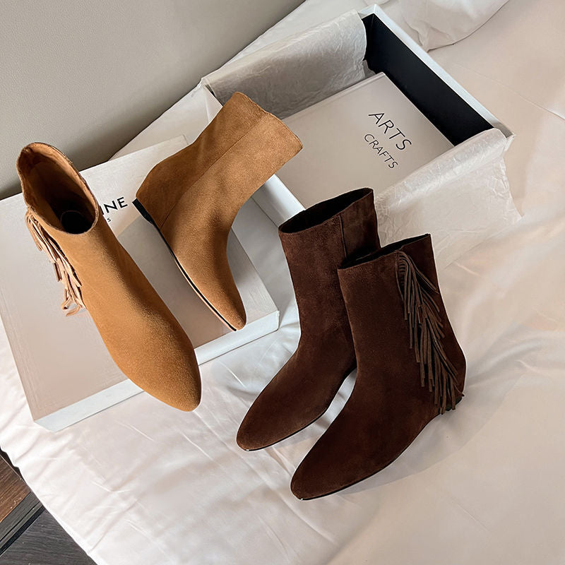 Karin Luna In Stock Spot Goods Tassel Square Toe Hidden Wedge Short Boots