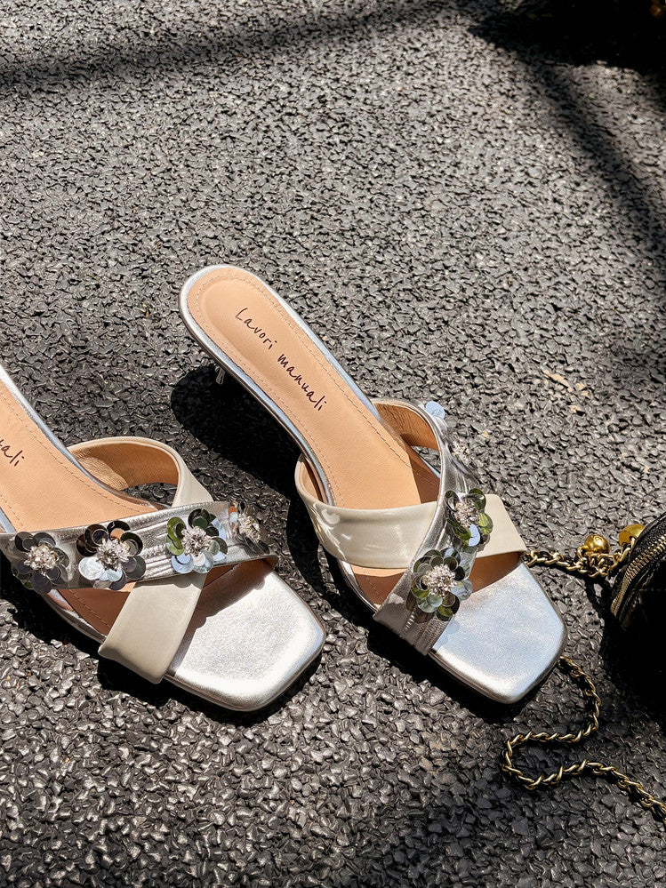 Karin Luna In Stock Spot Goods  Sequin Floral Cross Strap Square Toe Stiletto Slippers