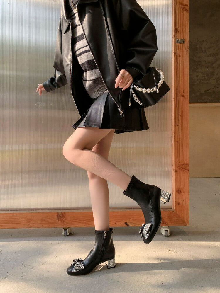 Karin Luna In Stock   Rhinestone Bow Thick Heel Slim Boots