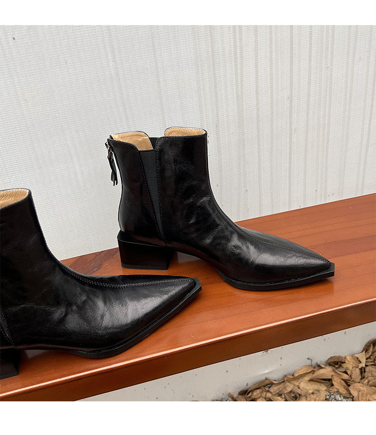 Karin Luna In Stock Spot Goods Elegant Stretch Fabric Patchwork Pointed Toe Chunky Heel Short Boots