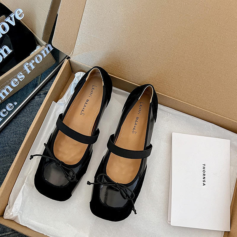 Karin Luna In Stock Spot Goods    Color Block Cowhide Leather Square Toe Slip-On Height Increasing Bowknot Flats