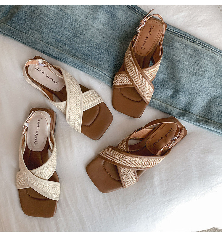 Karin Luna In Stock  Spot Goods Woven Style  Cross-strap Vacation Style Flat Sandals