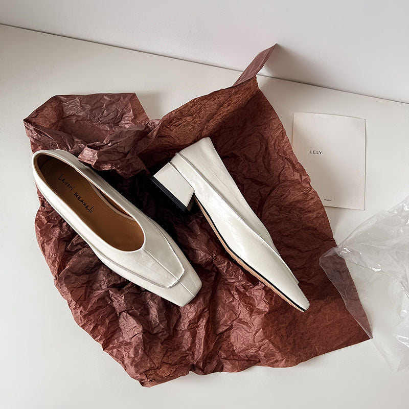 Karin Luna In Stock Spot Goods  Retro Full Leather Square Toe Shallow Mouth Single Shoes